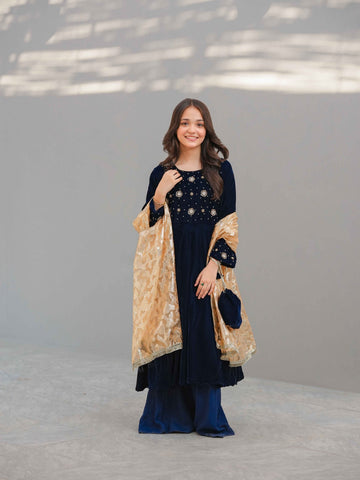 Neelam-e-Sitara – Navy Blue Velvet Frock with Sharara For Girls